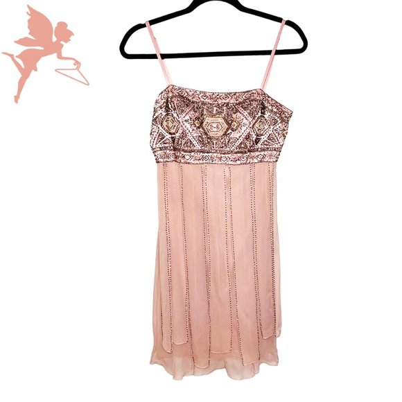 SUE WONG NOCTURNE Blush Pink Beaded Silk Flapper Evening Dress - Picture 1 of 8
